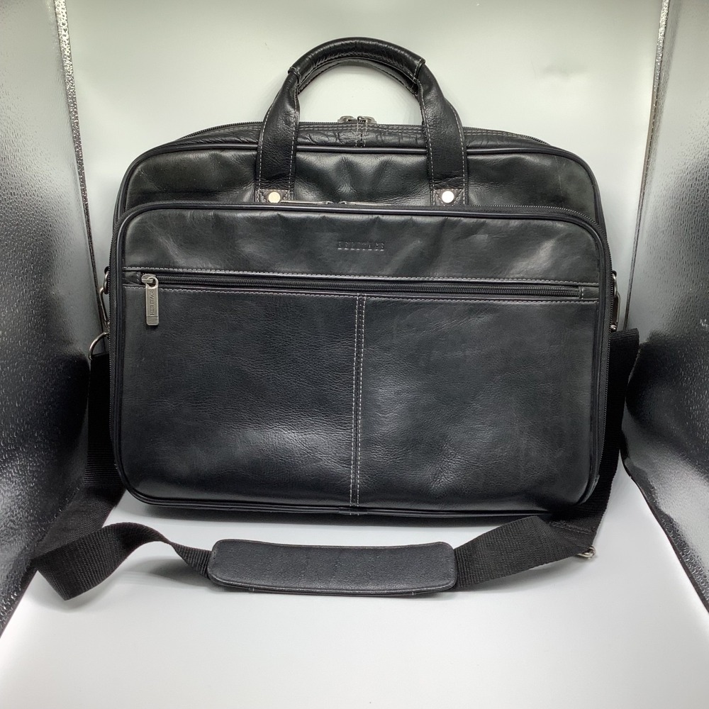 Heritage Travelware Laptop Bag Black Columbian Leather Dual Compartment 16x12x4